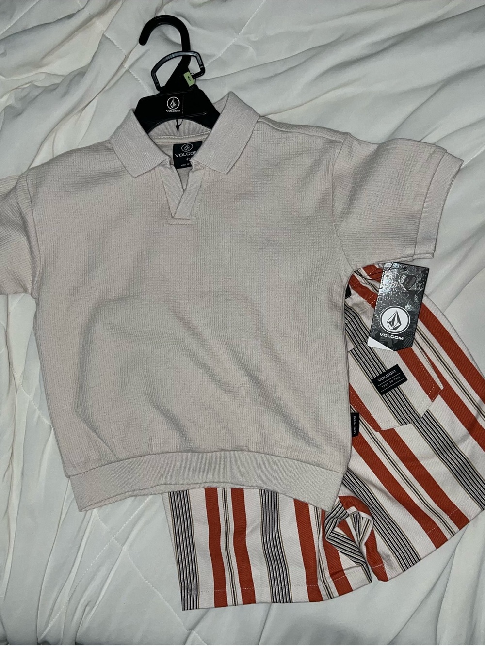 Volcom Kids Light Cream Polo Top with Striped Shorts Set